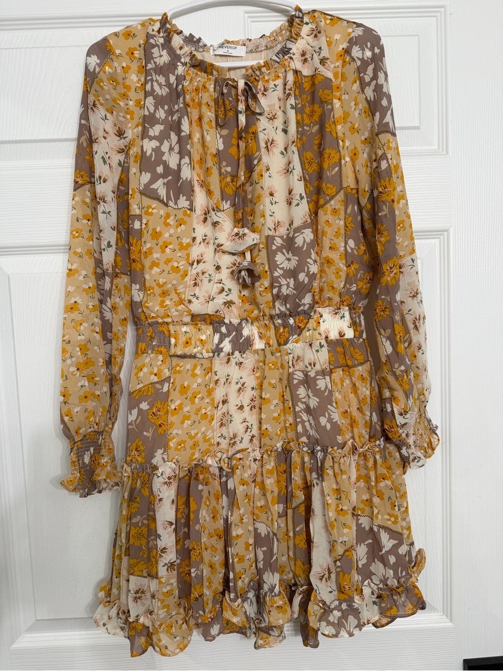 Boho Floral Patchwork Ruffle Dress - Mustard & Taupe